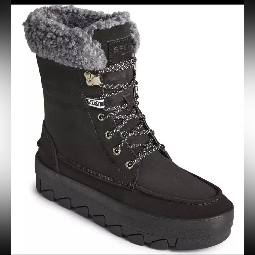 Women’s Sperry Juneau Lace-Up Faux Fur Trim Platform Winter Boots in Black